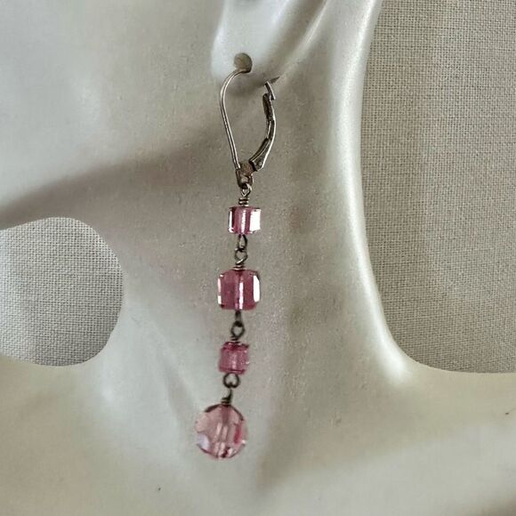 Sterling silver pink Swarovski crystal drop earrings - Picture 6 of 8